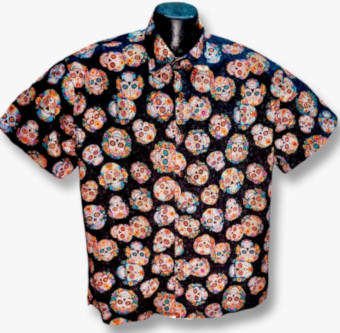 Sugar Skulls Hawaiian Shirt- Black- Made in USA- Cotton